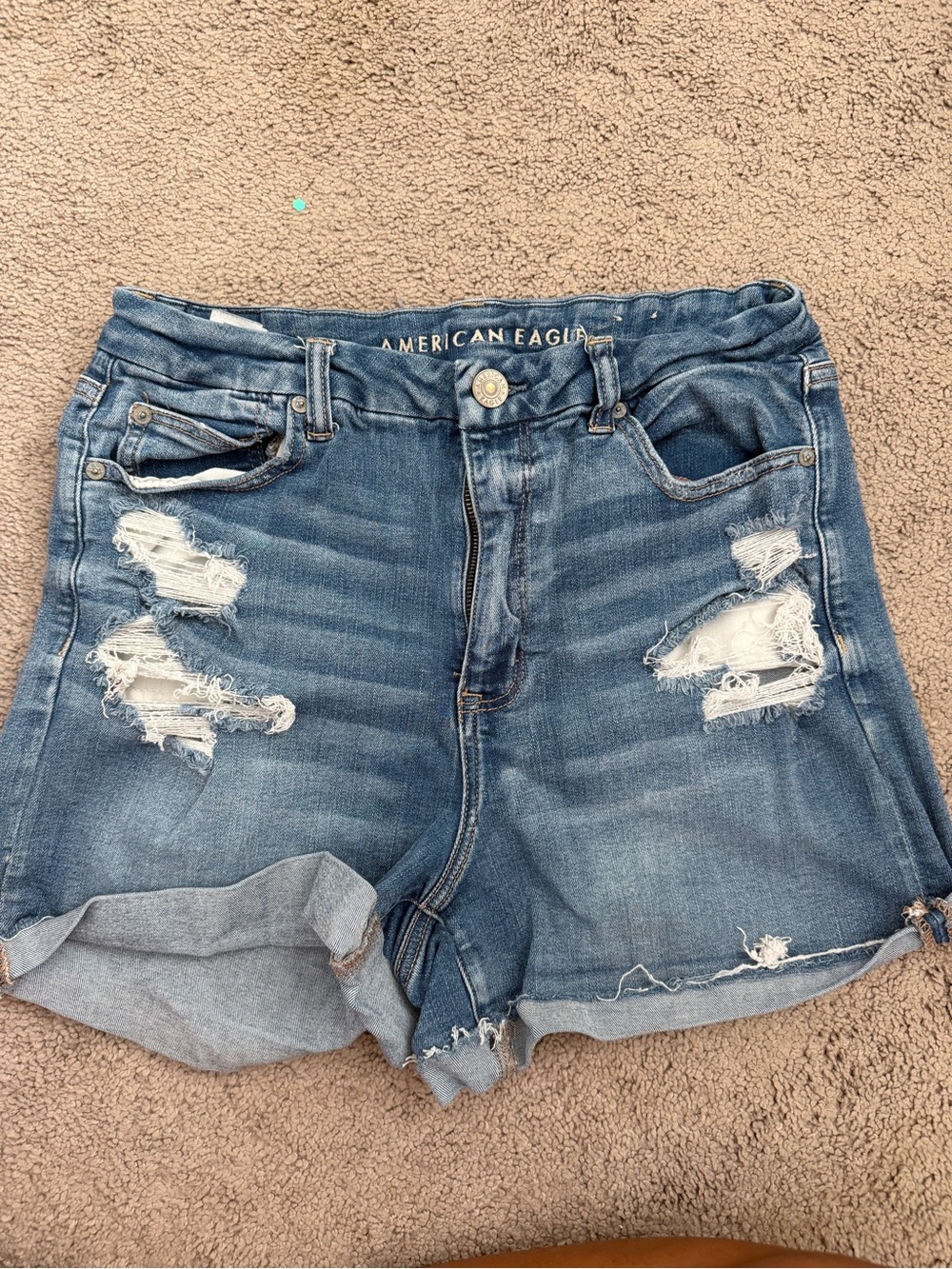 American Eagle Outfitters Distressed Blue Denim Roll-Hem Shorts
